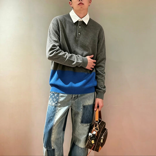 컬러블록 니트 맨투맨 (Color-block knit sweatshirt)
