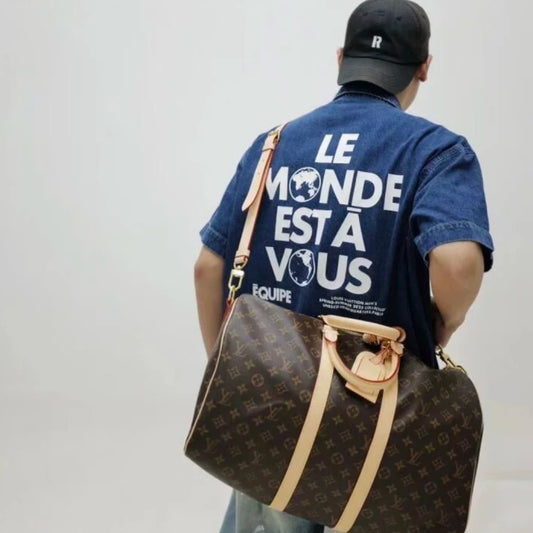 가죽패치 데님 반팔셔츠 (Leather patch denim short sleeve shirt)