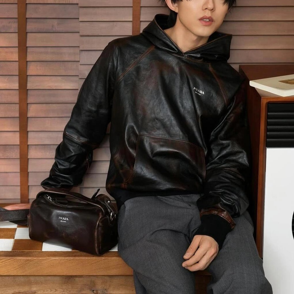 가죽 디스트레스드 후드 (leather distressed hood)