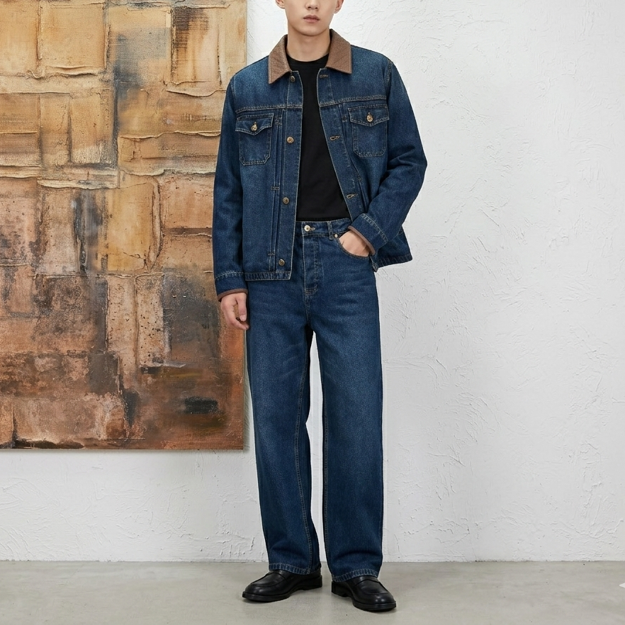 가죽 칼라 데님 재킷, 진 (Leather collar denim jacket, jeans)
