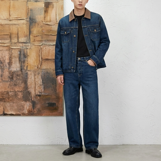 가죽 칼라 데님 재킷, 진 (Leather collar denim jacket, jeans)