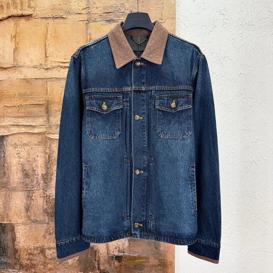 가죽 칼라 데님 재킷, 진 (Leather collar denim jacket, jeans)
