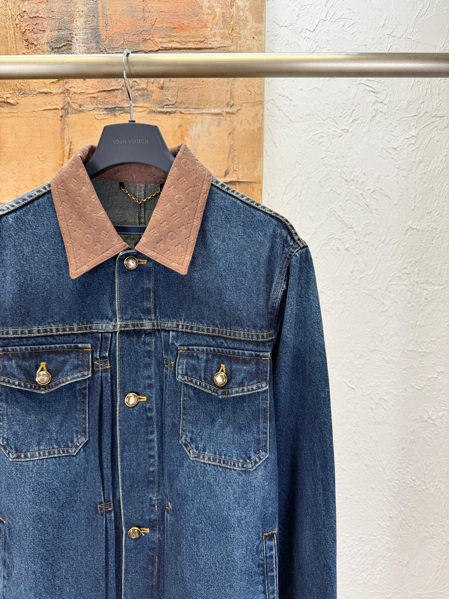 가죽 칼라 데님 재킷, 진 (Leather collar denim jacket, jeans)